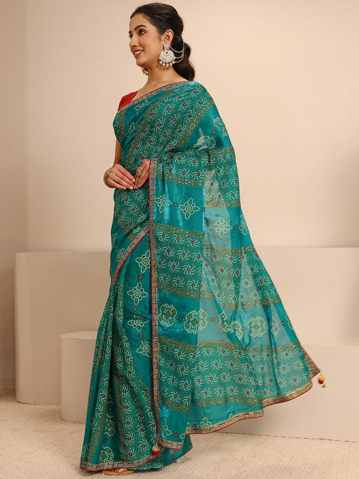 Green Bandhani Printed Silk Blend Saree With Unstitched Blouse Piece