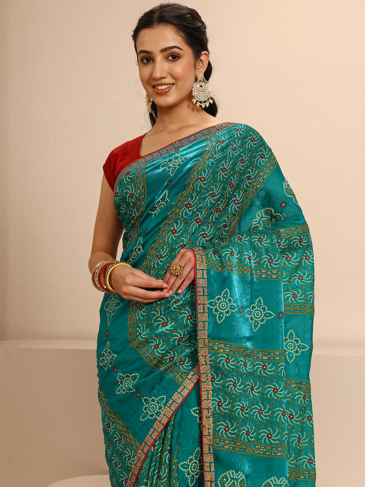 Green Bandhani Printed Silk Blend Saree With Unstitched Blouse Piece