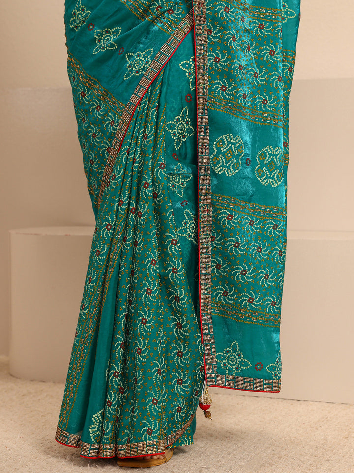 Green Bandhani Printed Silk Blend Saree With Unstitched Blouse Piece