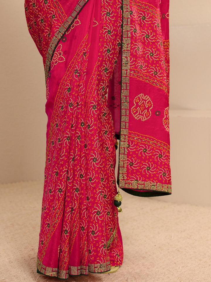 Pink Bandhani Printed Silk Blend Saree With Unstitched Blouse Piece