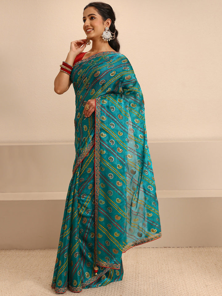 Green Paisley Printed Silk Blend Saree With Unstitched Blouse Piece