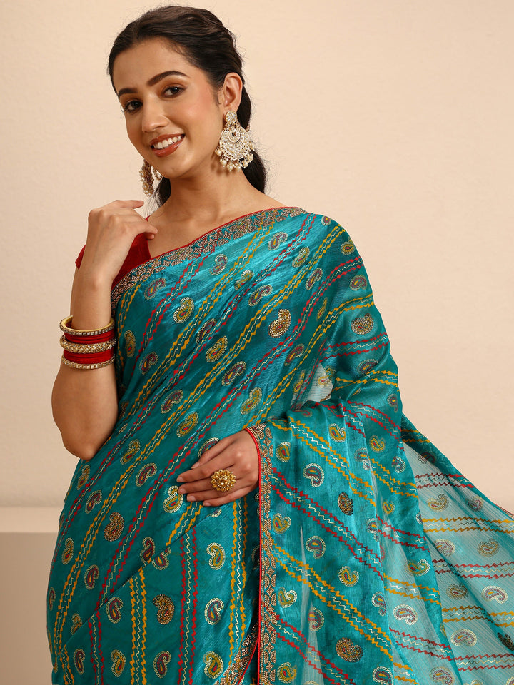 Green Paisley Printed Silk Blend Saree With Unstitched Blouse Piece