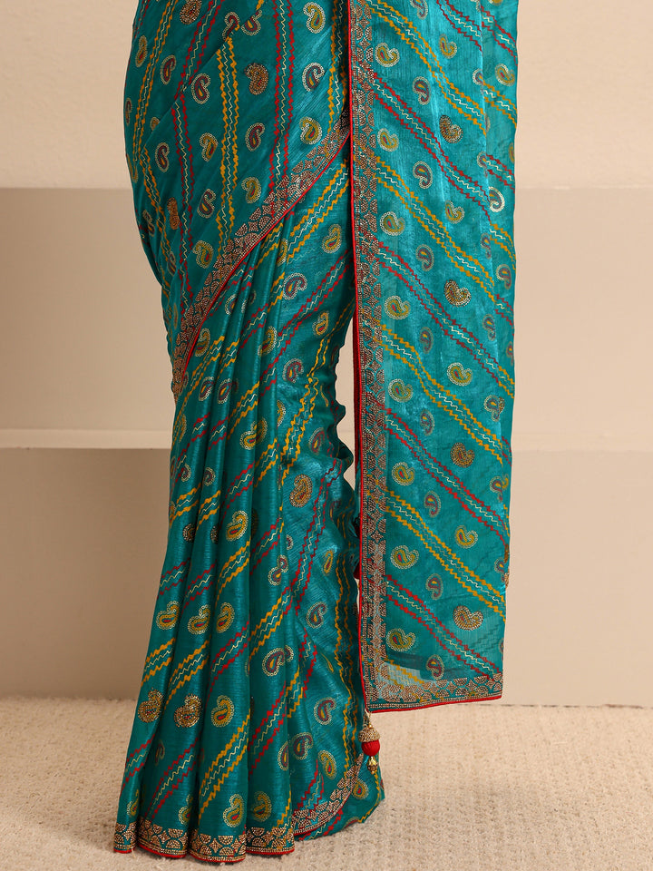 Green Paisley Printed Silk Blend Saree With Unstitched Blouse Piece