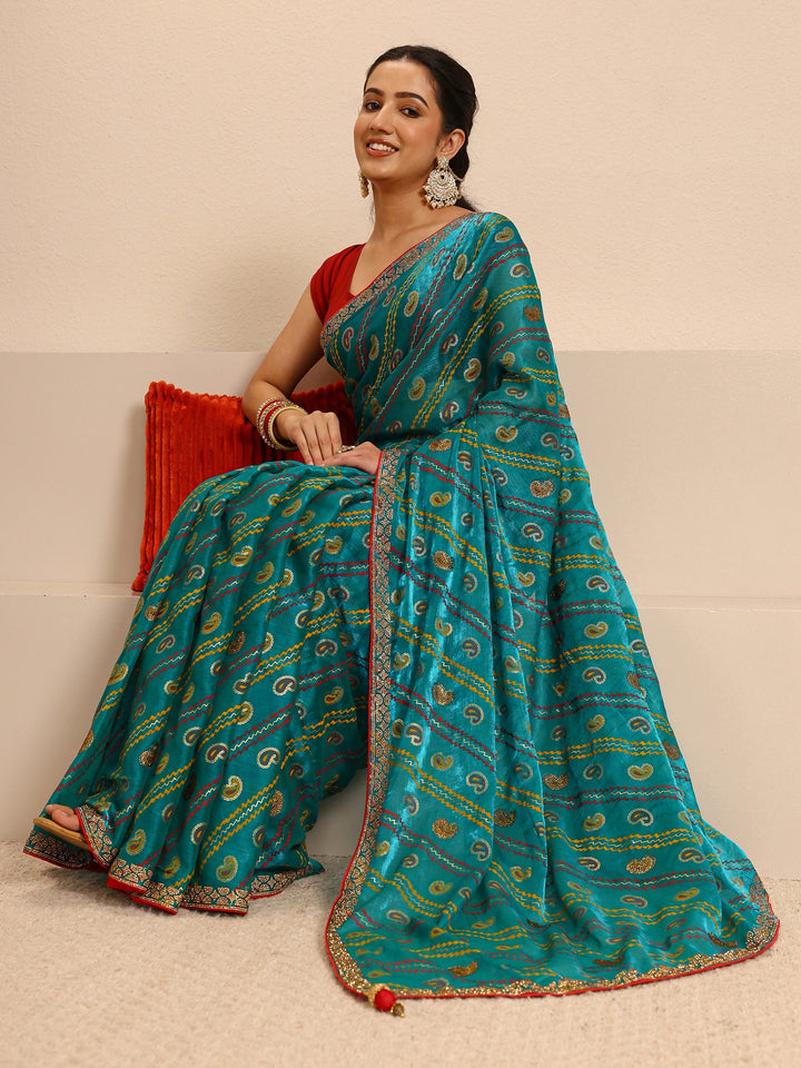 Green Paisley Printed Silk Blend Saree With Unstitched Blouse Piece