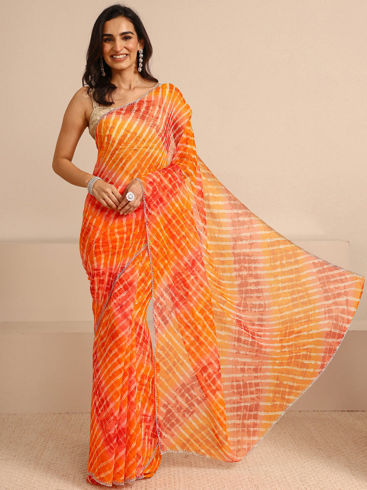 Orange Leheriya Printed Tie & Dye Chiffon Saree With Unstitched Blouse Piece