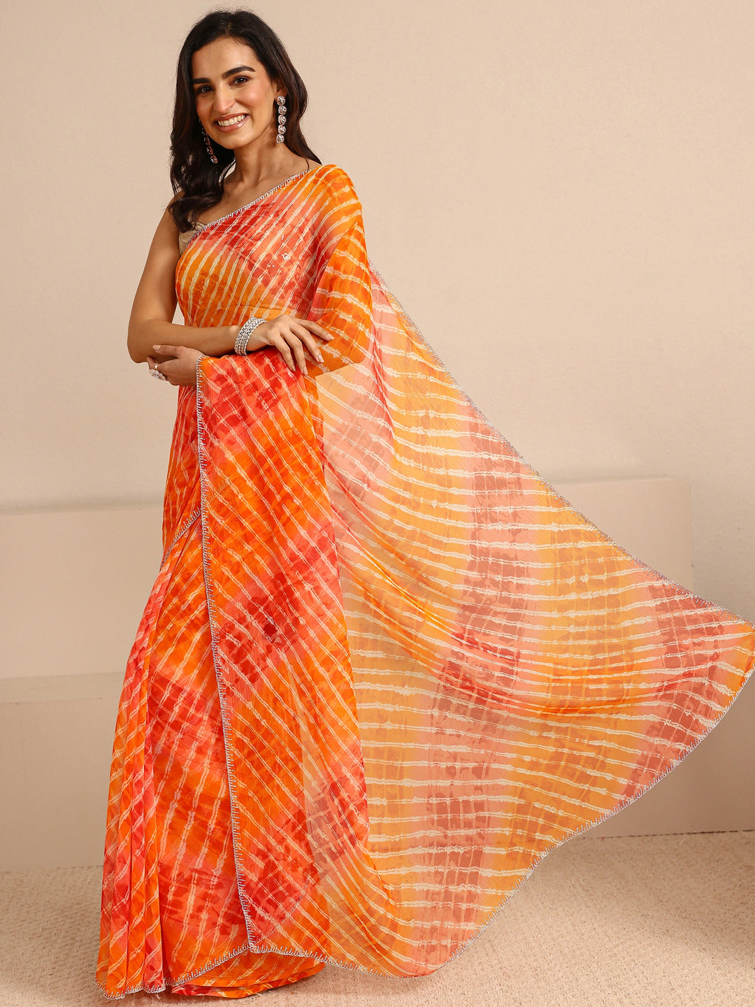 Orange Leheriya Printed Tie & Dye Chiffon Saree With Unstitched Blouse Piece