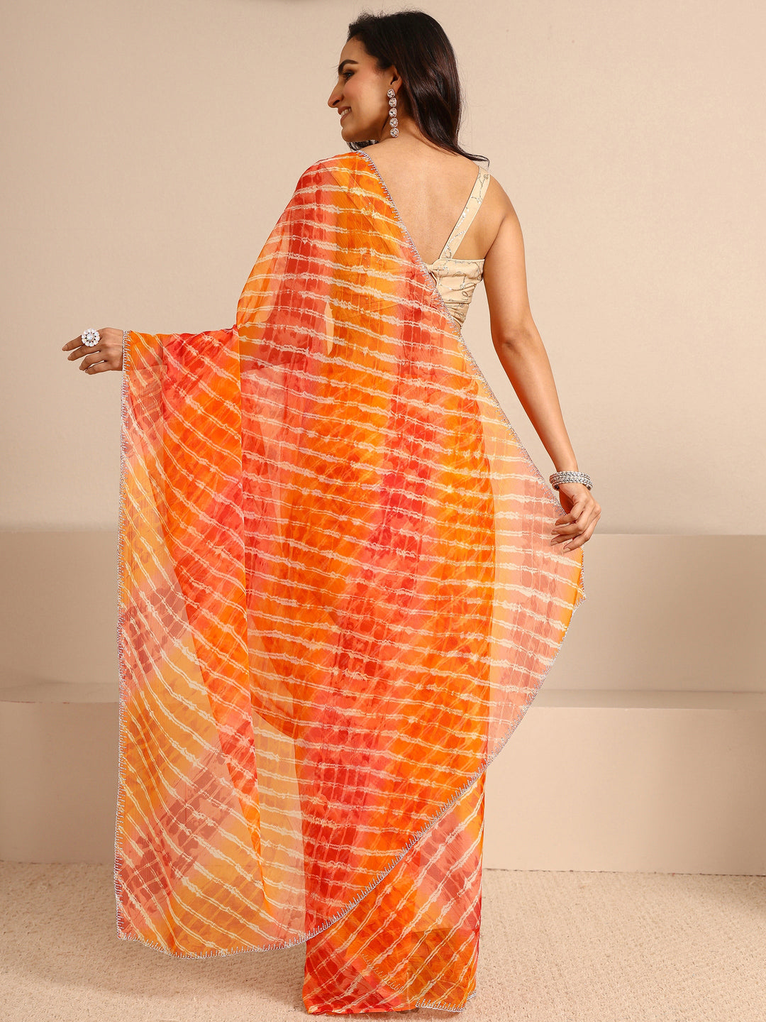 Orange Leheriya Printed Tie & Dye Chiffon Saree With Unstitched Blouse Piece