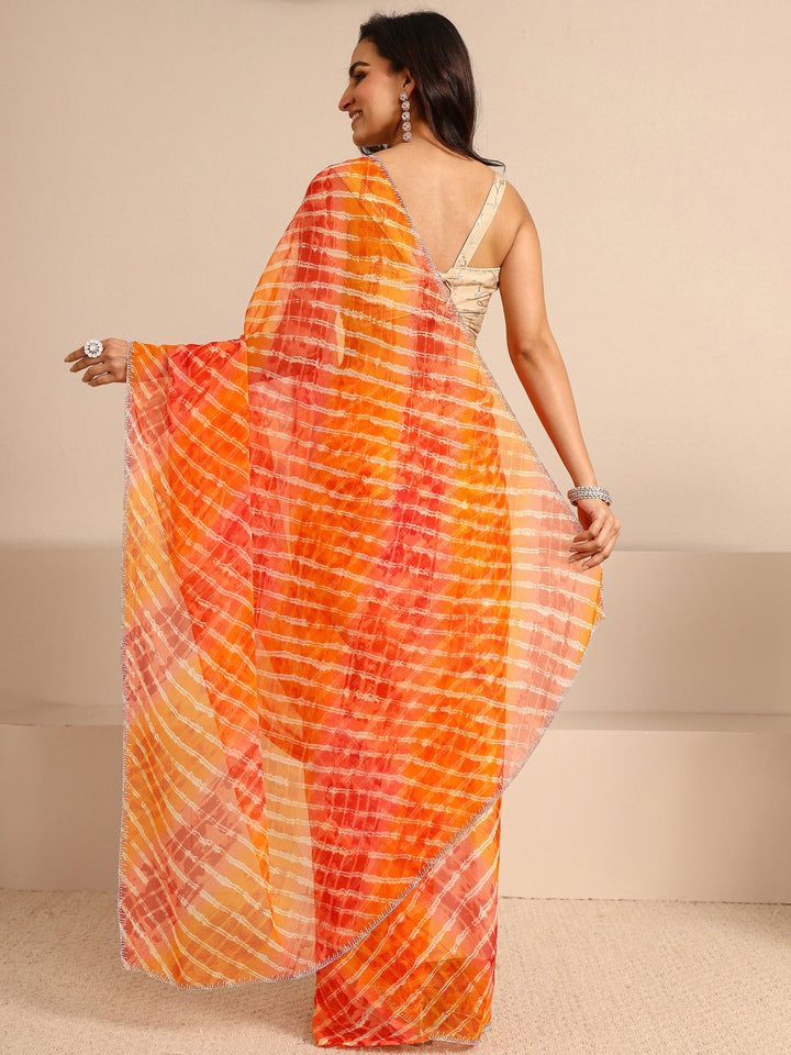 Orange Leheriya Printed Tie & Dye Chiffon Saree With Unstitched Blouse Piece