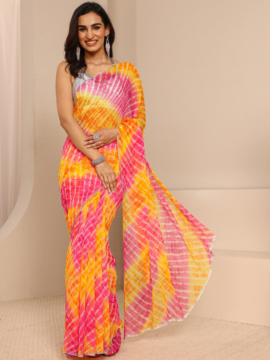 Multicolour Leheriya Printed Tie & Dye Chiffon Saree With Unstitched Blouse Piece