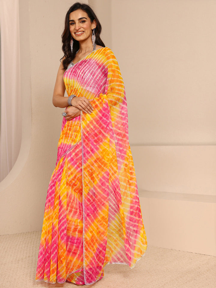 Multicolour Leheriya Printed Tie & Dye Chiffon Saree With Unstitched Blouse Piece