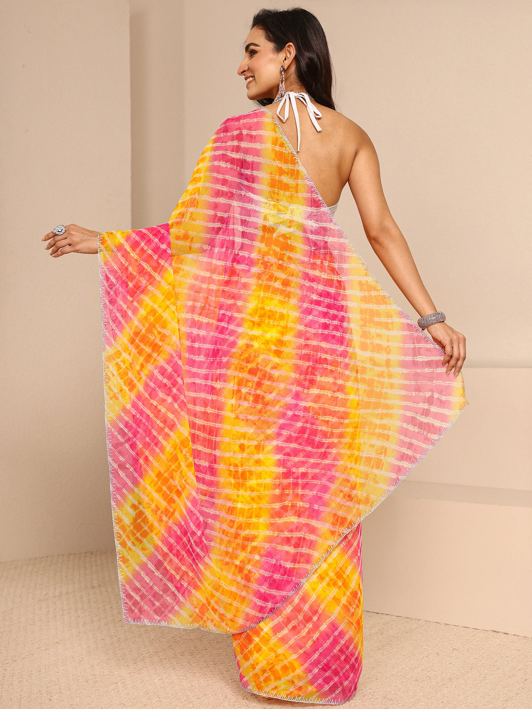 Multicolour Leheriya Printed Tie & Dye Chiffon Saree With Unstitched Blouse Piece