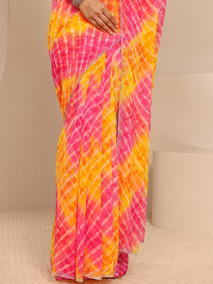 Multicolour Leheriya Printed Tie & Dye Chiffon Saree With Unstitched Blouse Piece
