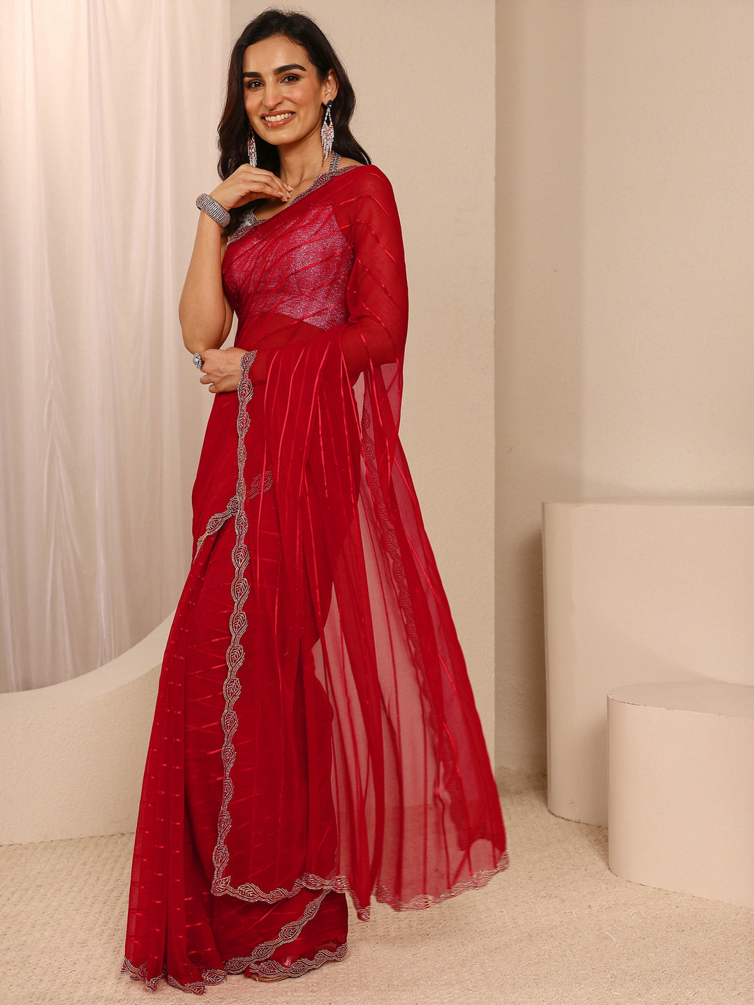 Red Striped Embellished Silk Blend Saree With Unstitched Blouse Piece