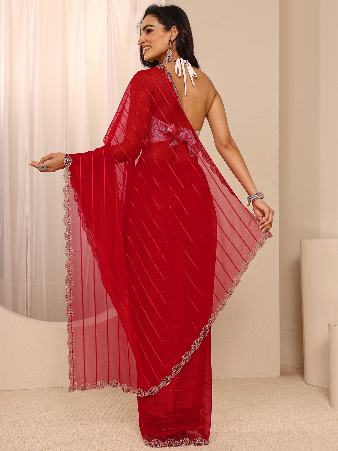 Red Striped Embellished Silk Blend Saree With Unstitched Blouse Piece