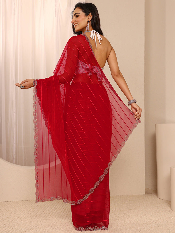 Red Striped Embellished Silk Blend Saree With Unstitched Blouse Piece