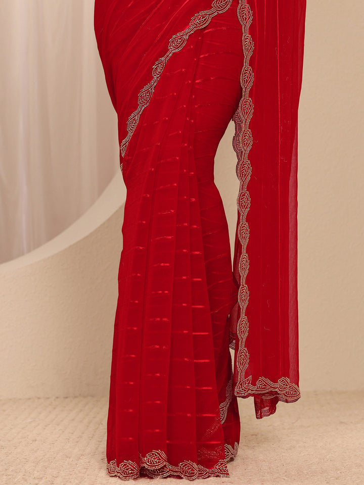 Red Striped Embellished Silk Blend Saree With Unstitched Blouse Piece