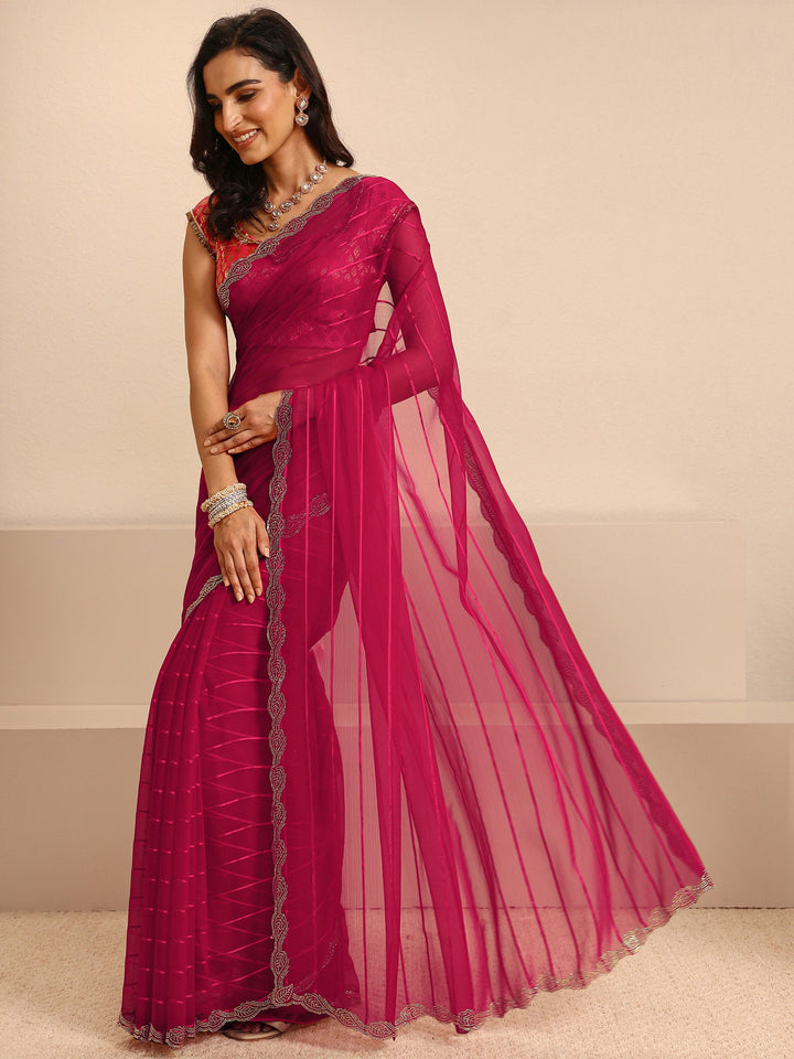 Pink Striped Embellished Silk Blend Saree With Unstitched Blouse Piece