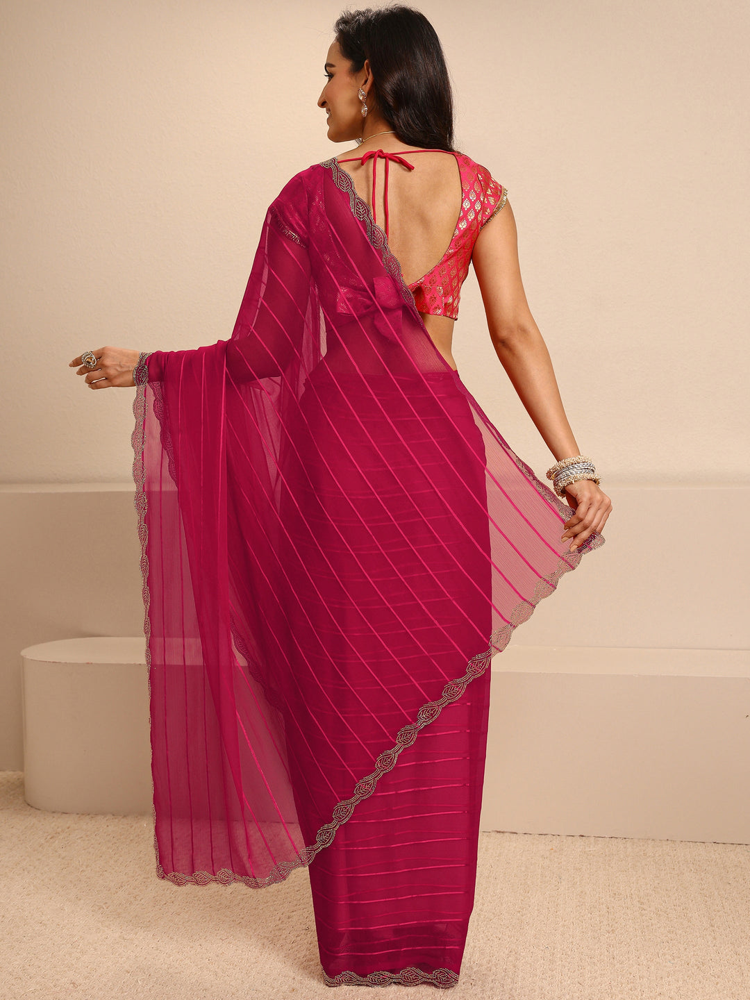 Pink Striped Embellished Silk Blend Saree With Unstitched Blouse Piece