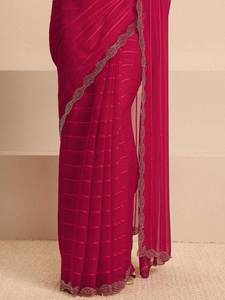 Pink Striped Embellished Silk Blend Saree With Unstitched Blouse Piece