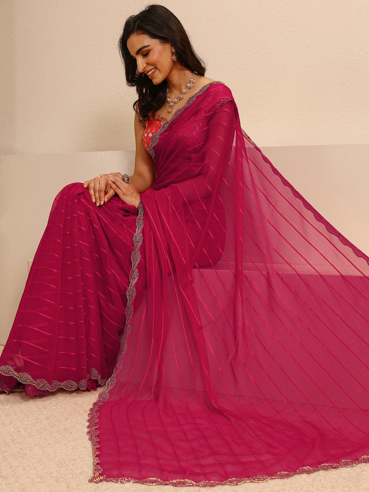 Pink Striped Embellished Silk Blend Saree With Unstitched Blouse Piece