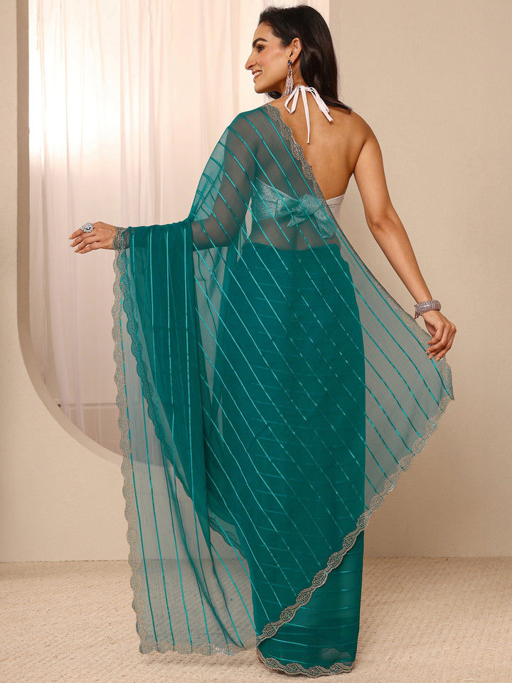 Teal Striped Embellished Silk Blend Saree With Unstitched Blouse Piece
