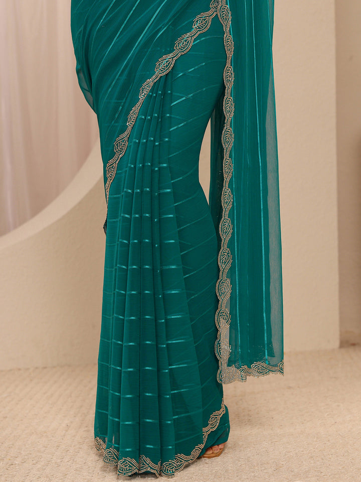 Teal Striped Embellished Silk Blend Saree With Unstitched Blouse Piece