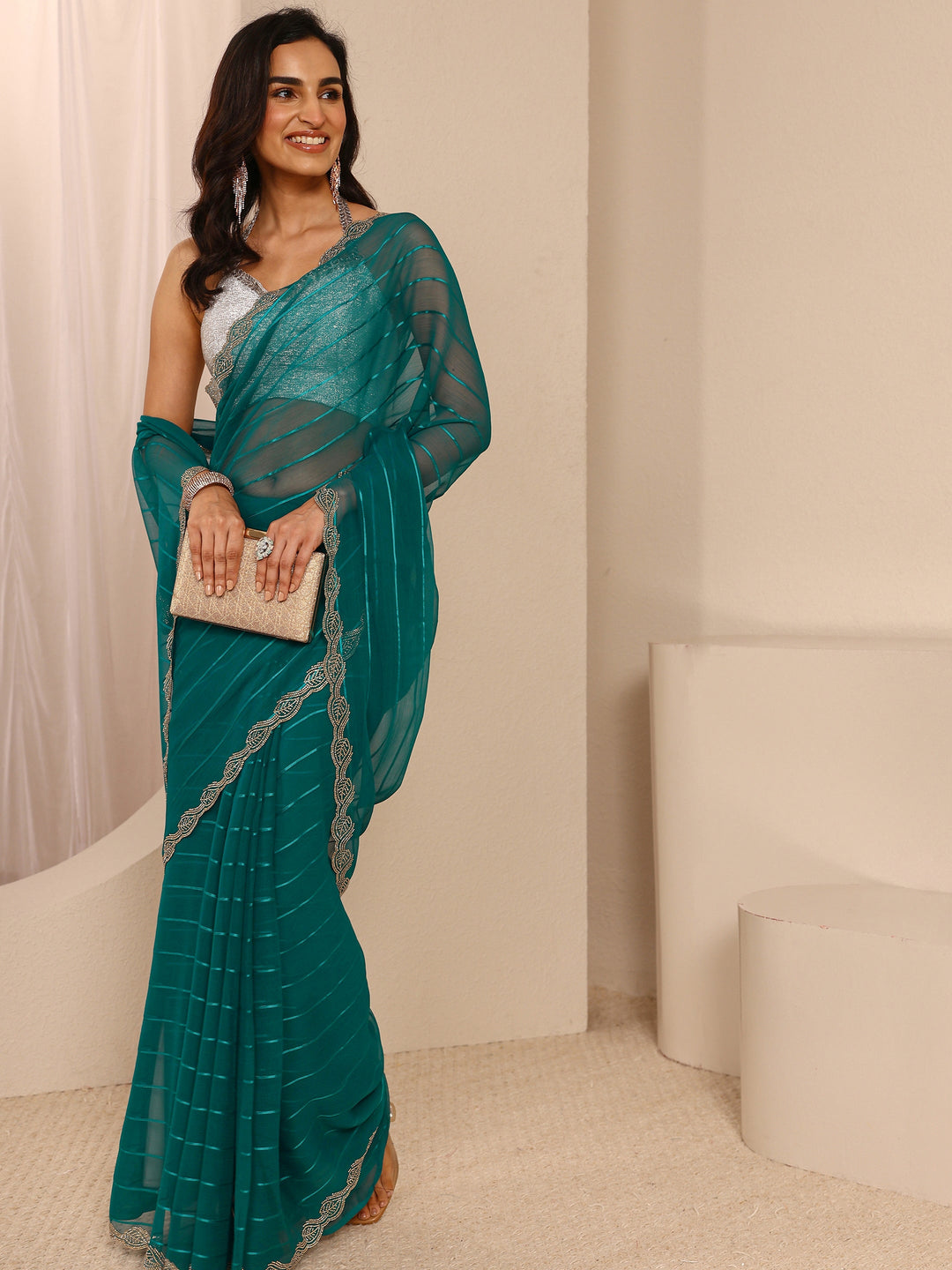Teal Striped Embellished Silk Blend Saree With Unstitched Blouse Piece