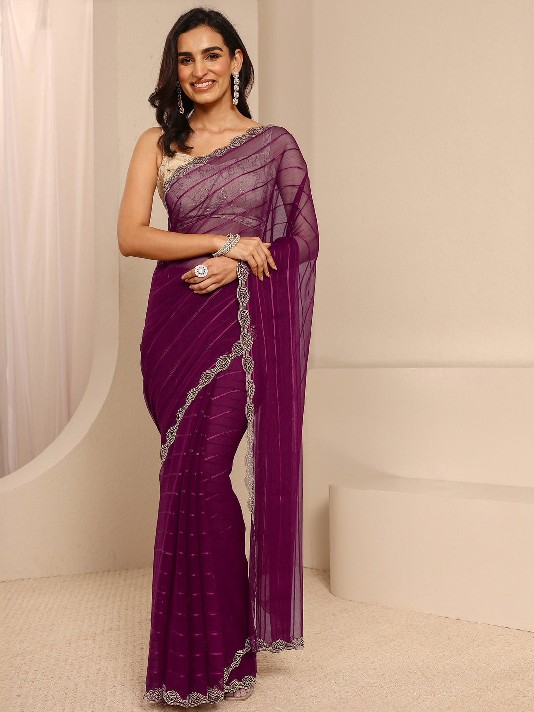 Burgundy Striped Embellished Silk Blend Saree With Unstitched Blouse Piece