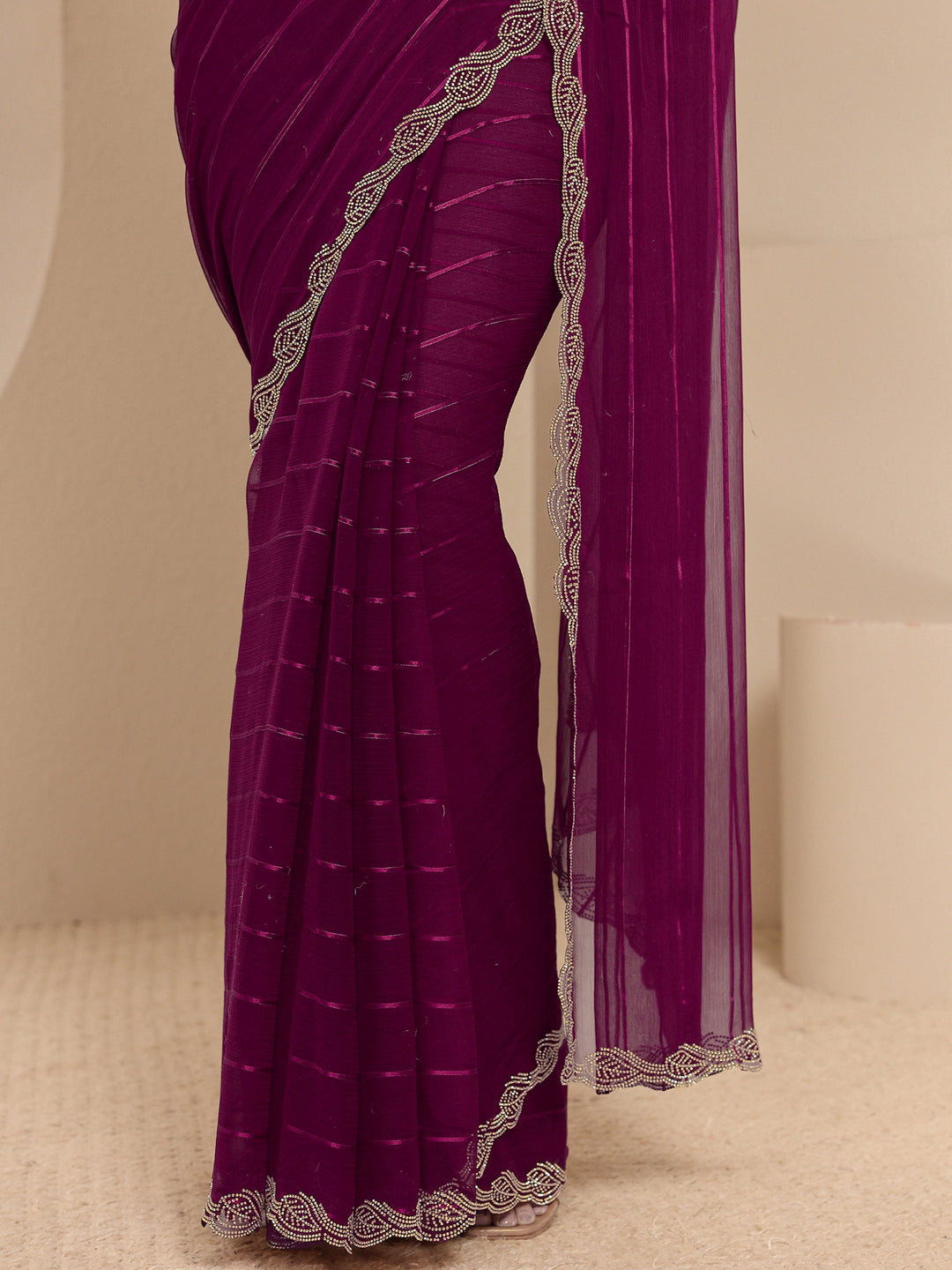 Burgundy Striped Embellished Silk Blend Saree With Unstitched Blouse Piece