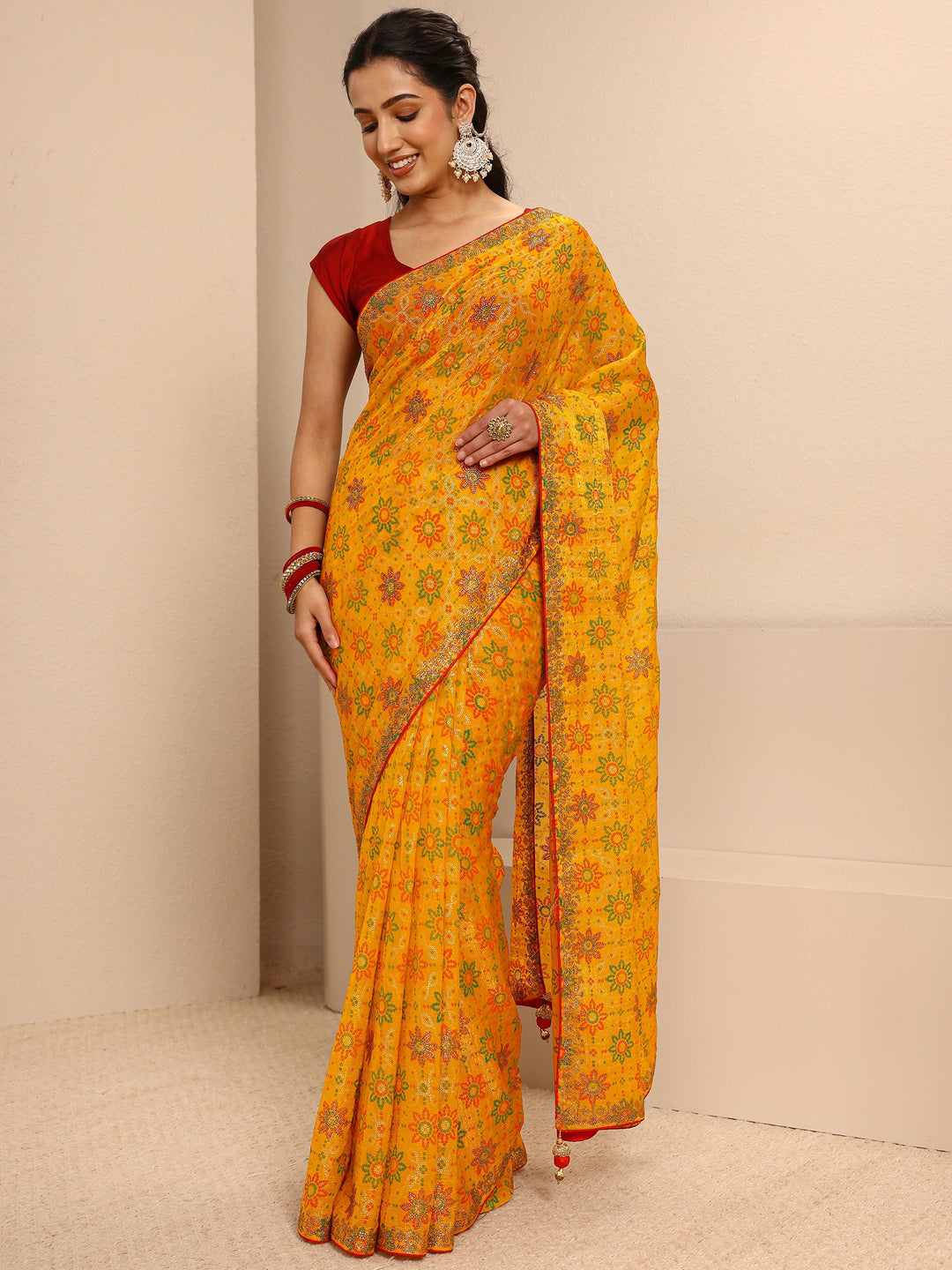 Mustard Bandhani Printed Silk Blend Saree  With Unstitched Blouse Piece