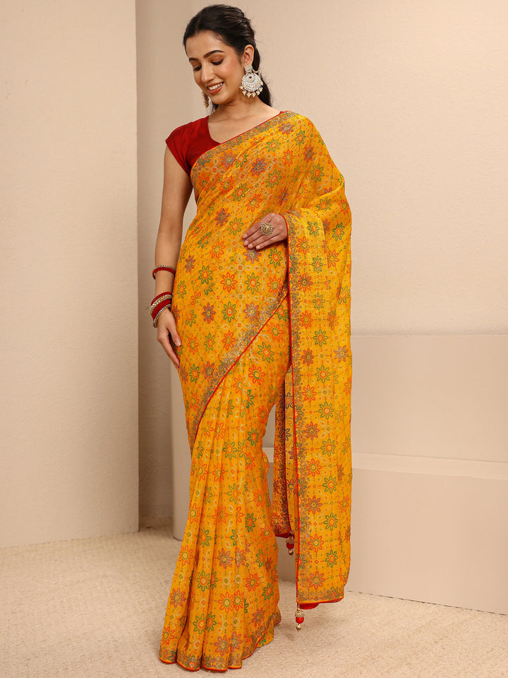 Mustard Bandhani Printed Silk Blend Saree  With Unstitched Blouse Piece