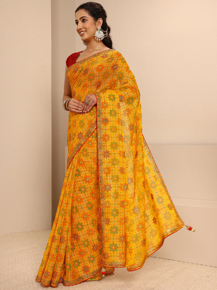 Mustard Bandhani Printed Silk Blend Saree  With Unstitched Blouse Piece