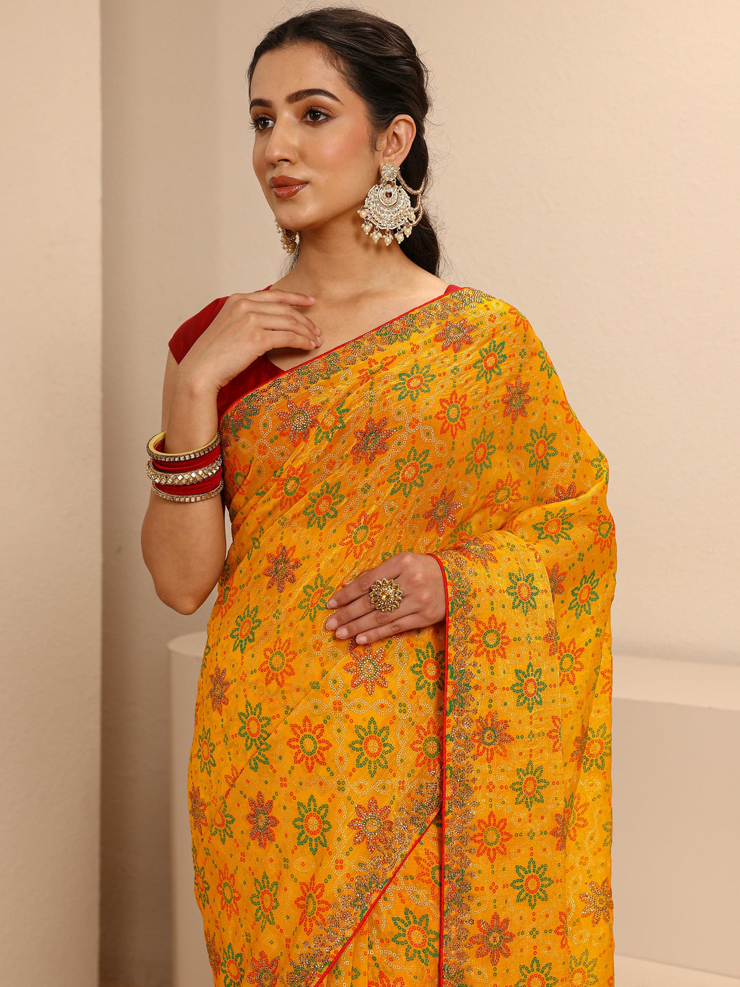 Mustard Bandhani Printed Silk Blend Saree  With Unstitched Blouse Piece