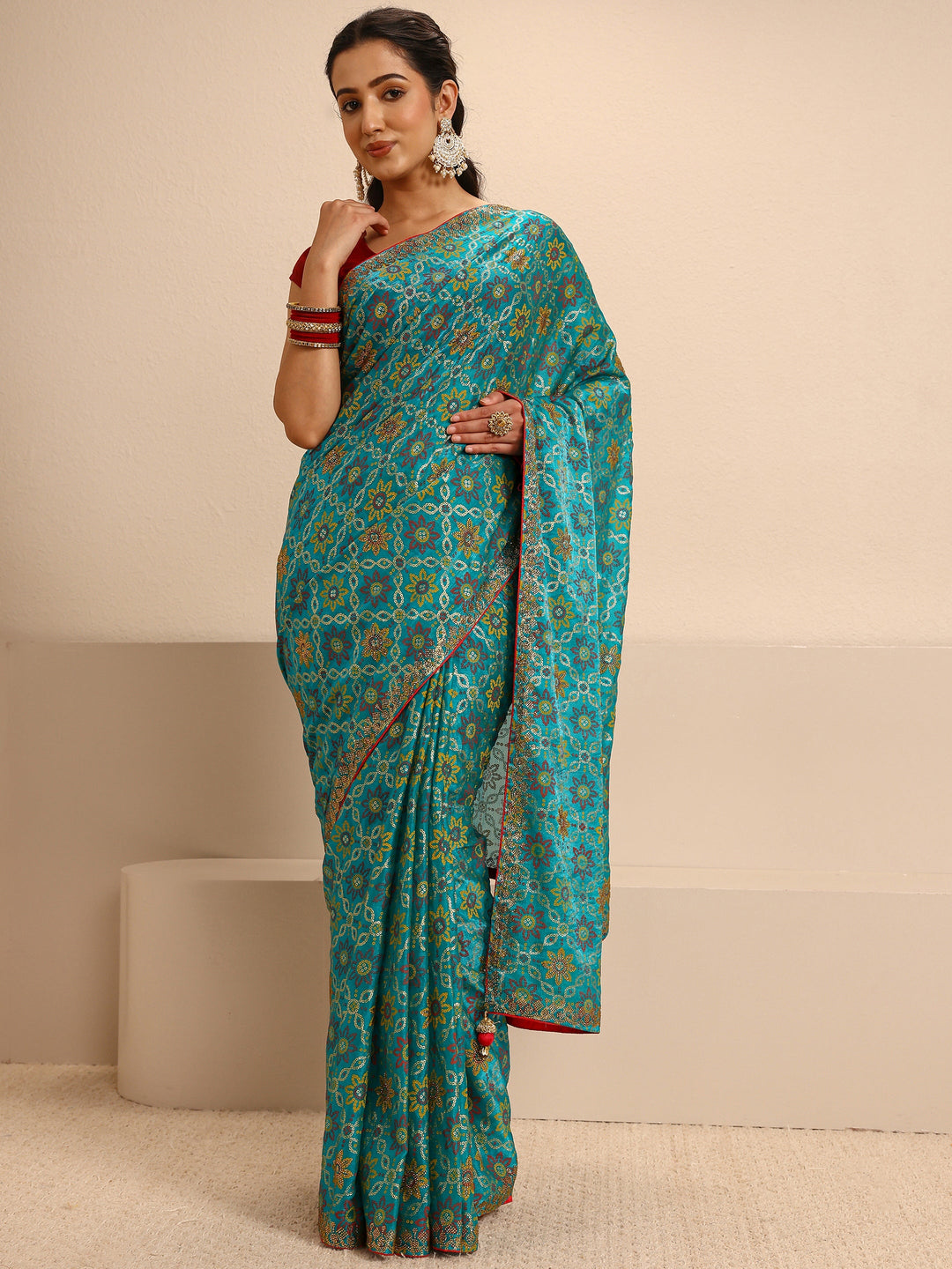 Blue Bandhani Printed Silk Blend Saree With Unstitched Blouse Piece