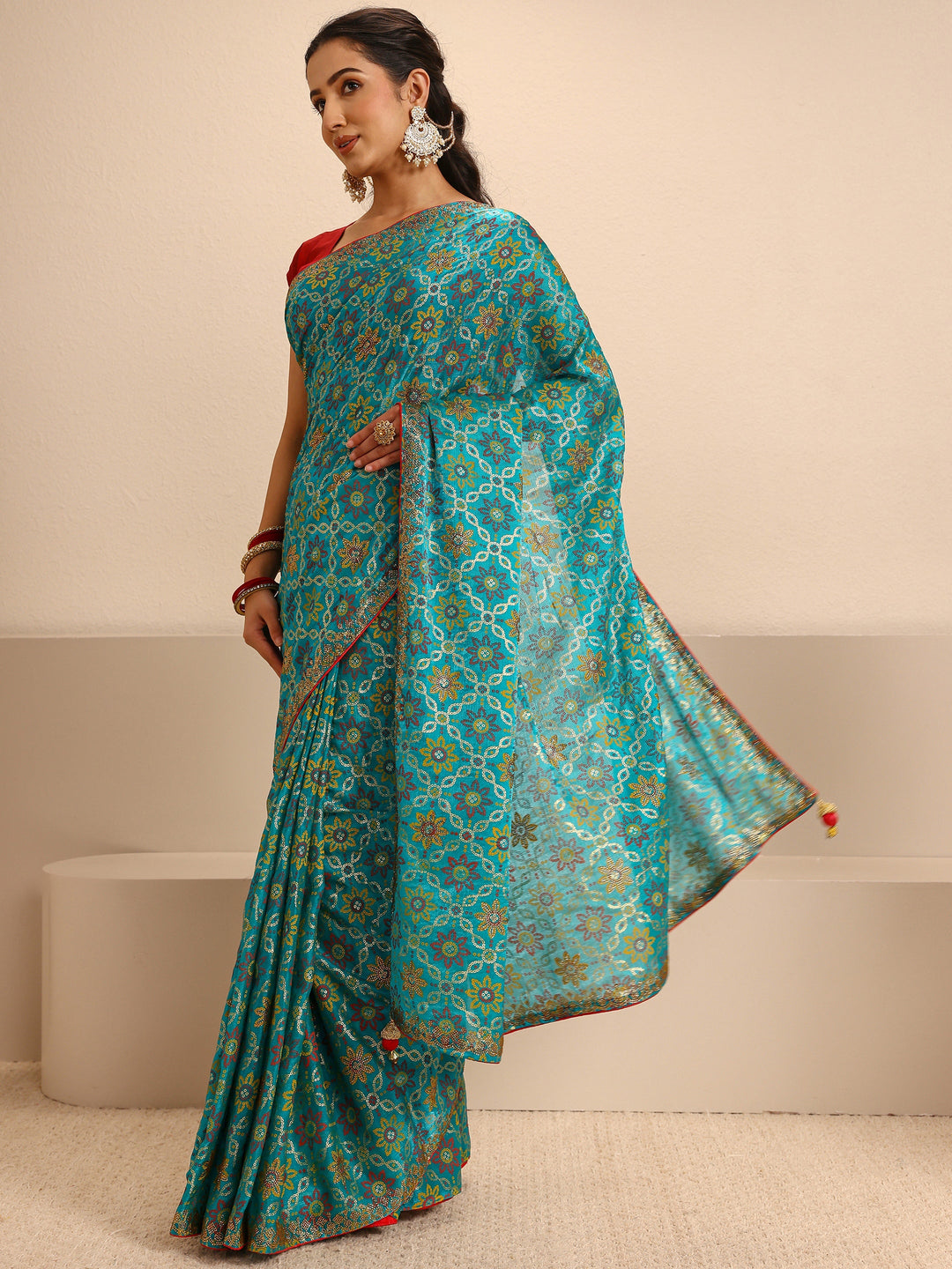 Blue Bandhani Printed Silk Blend Saree With Unstitched Blouse Piece