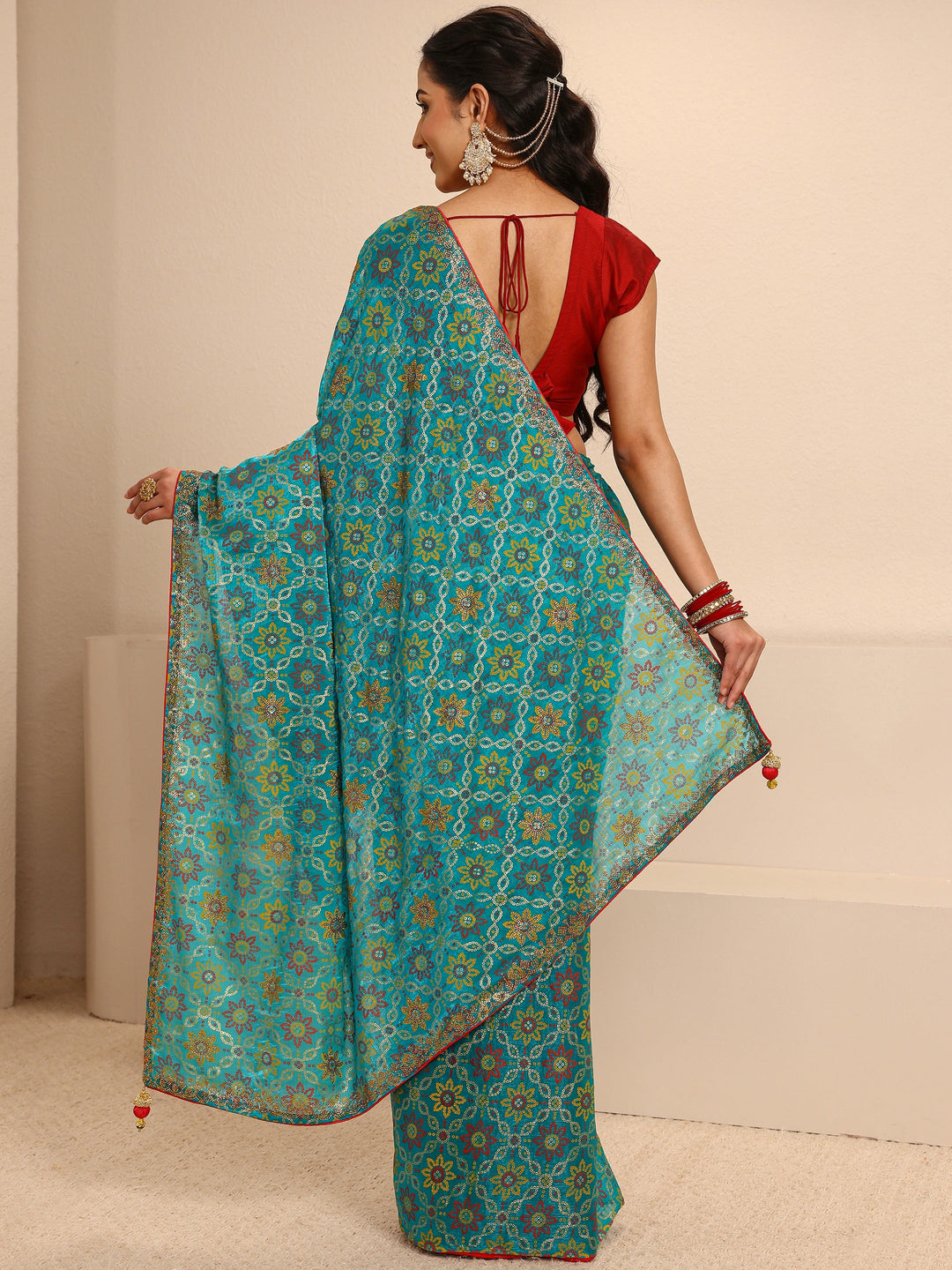 Blue Bandhani Printed Silk Blend Saree With Unstitched Blouse Piece