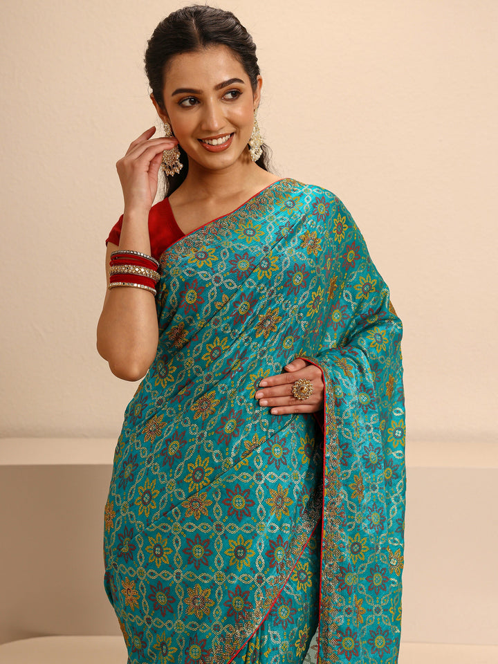 Blue Bandhani Printed Silk Blend Saree With Unstitched Blouse Piece