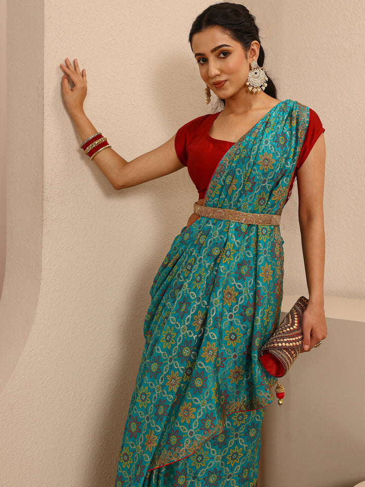 Blue Bandhani Printed Silk Blend Saree With Unstitched Blouse Piece