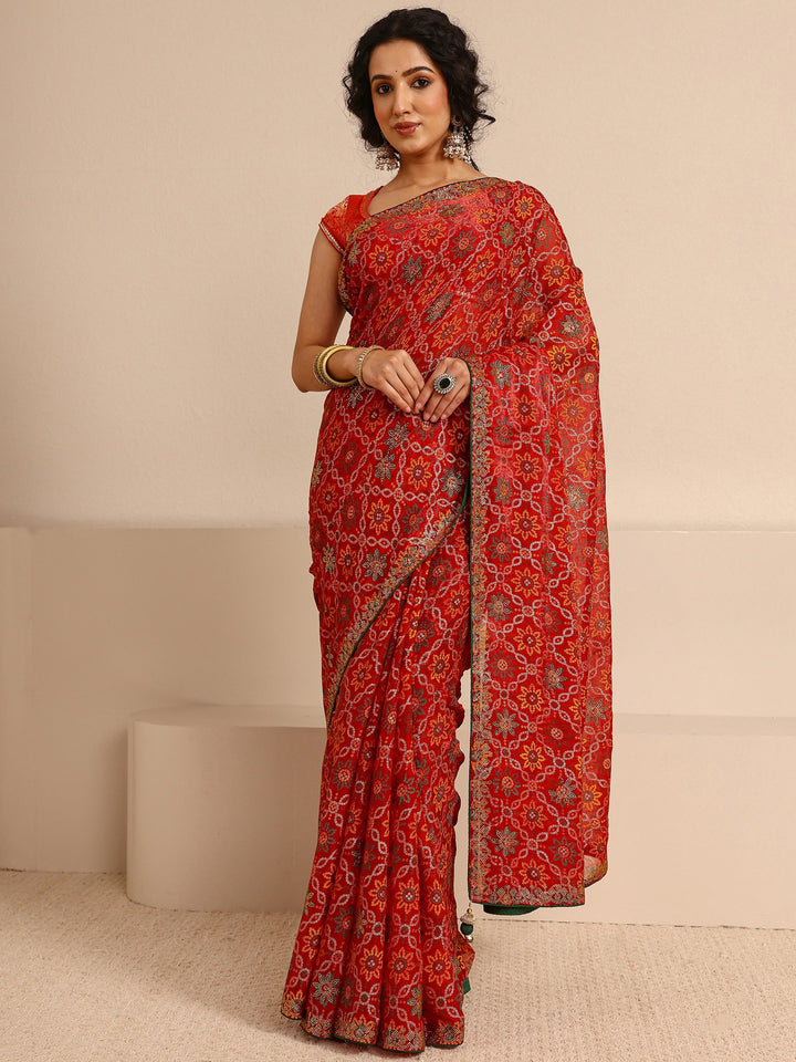 Red Bandhani Printed Silk Blend Saree With Unstitched Blouse Piece