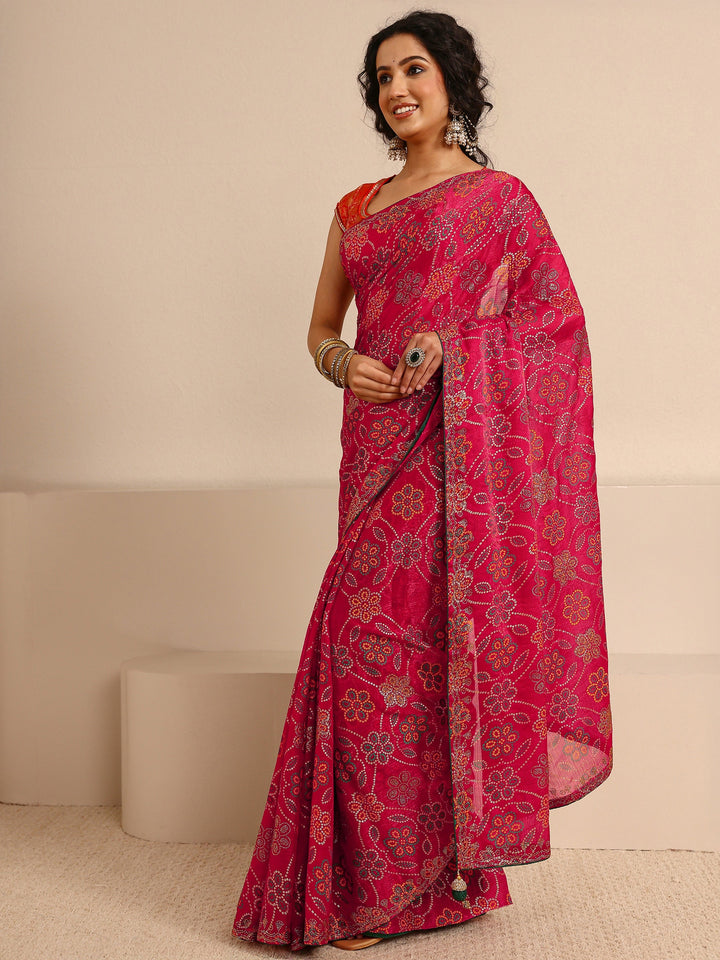 Red Bandhani Printed Silk Blend Saree With Unstitched Blouse Piece