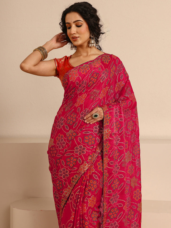 Red Bandhani Printed Silk Blend Saree With Unstitched Blouse Piece