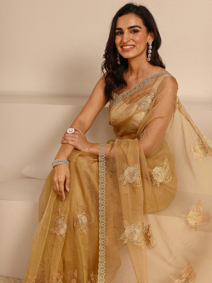 Yellow Embellished Tissue Saree With Unstitched Blouse Piece