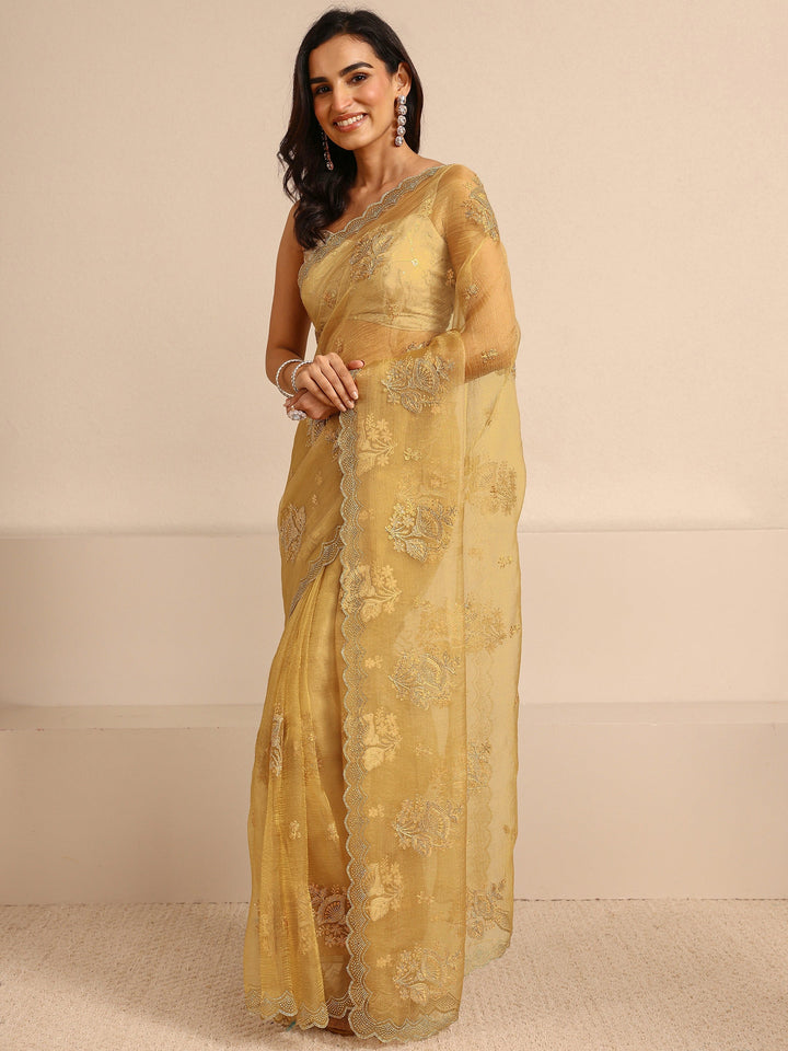 Yellow Embellished Tissue Saree With Unstitched Blouse Piece