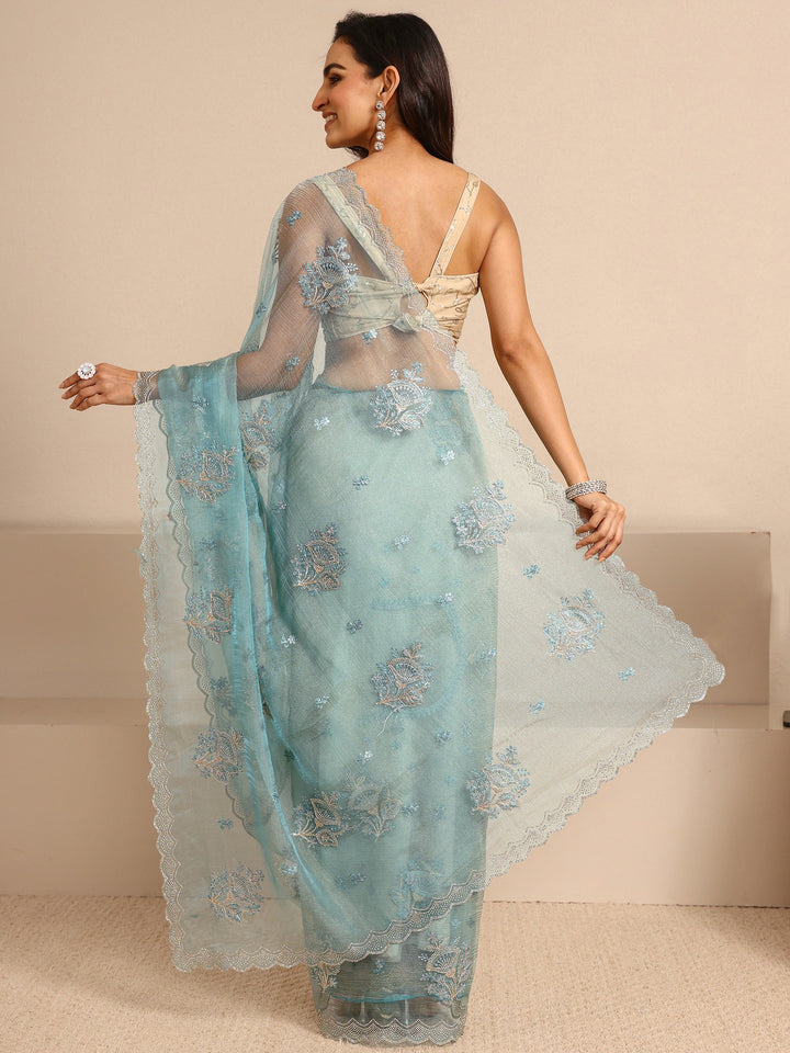 Blue Embellished Tissue Saree With Unstitched Blouse Piece