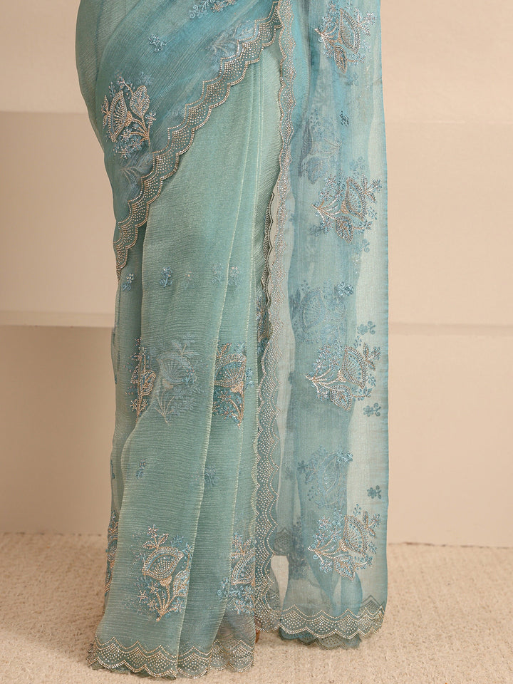 Blue Embellished Tissue Saree With Unstitched Blouse Piece