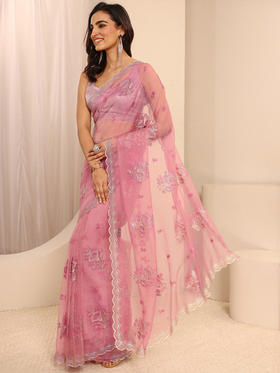 Pink Embellished Tissue Saree With Unstitched Blouse Piece