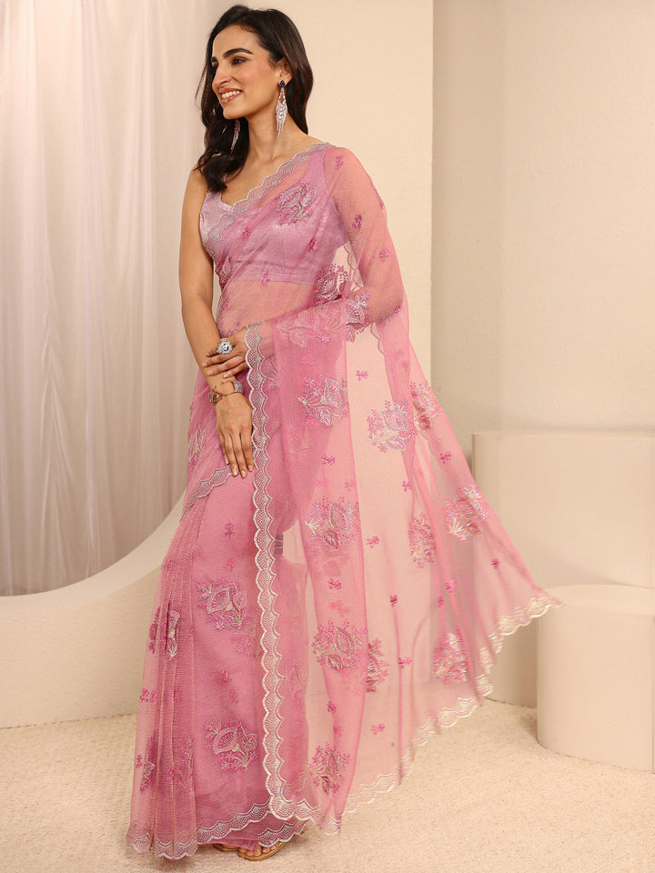Pink Embellished Tissue Saree With Unstitched Blouse Piece