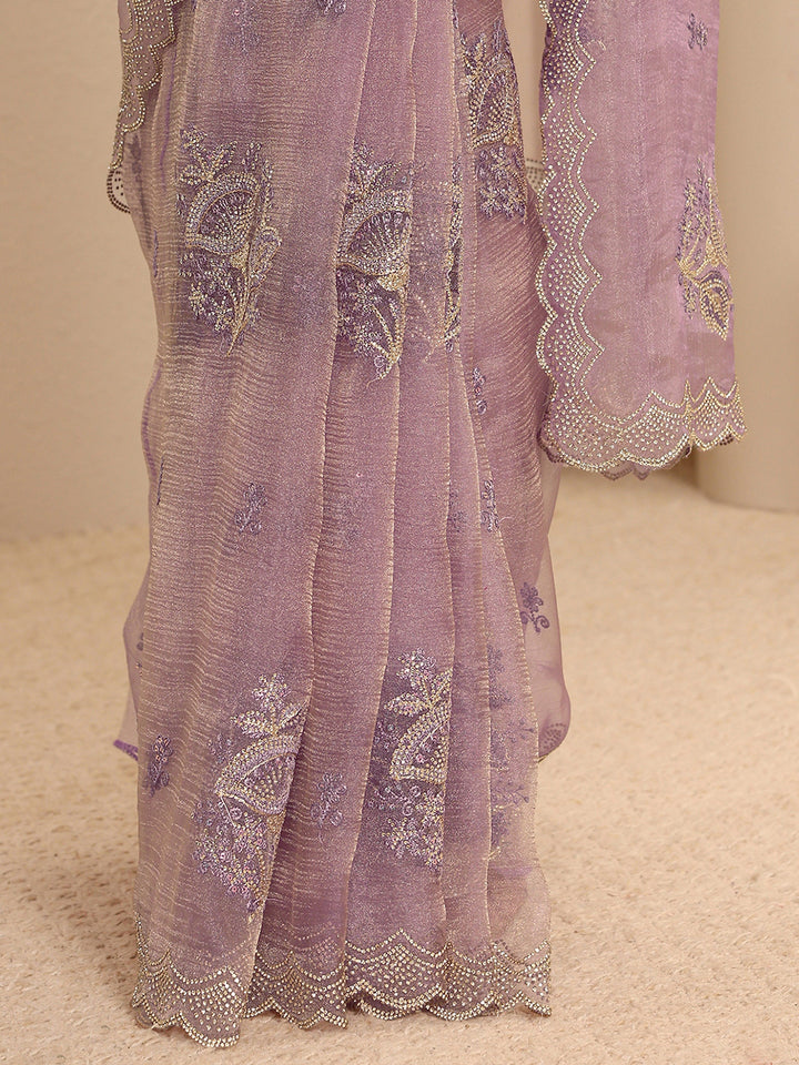 Lavender Embellished Tissue Saree With Unstitched Blouse Piece