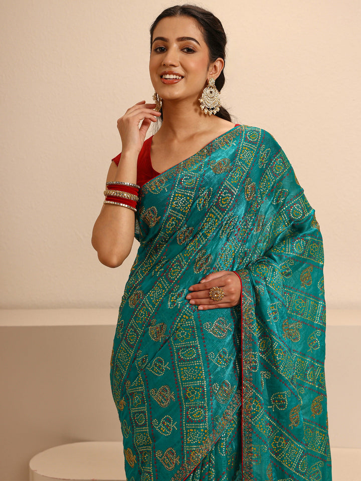 Green Bandhani Printed Silk Blend Saree With Unstitched Blouse Piece