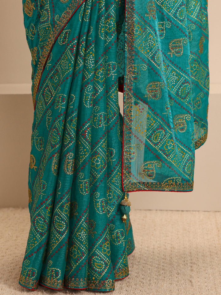 Green Bandhani Printed Silk Blend Saree With Unstitched Blouse Piece
